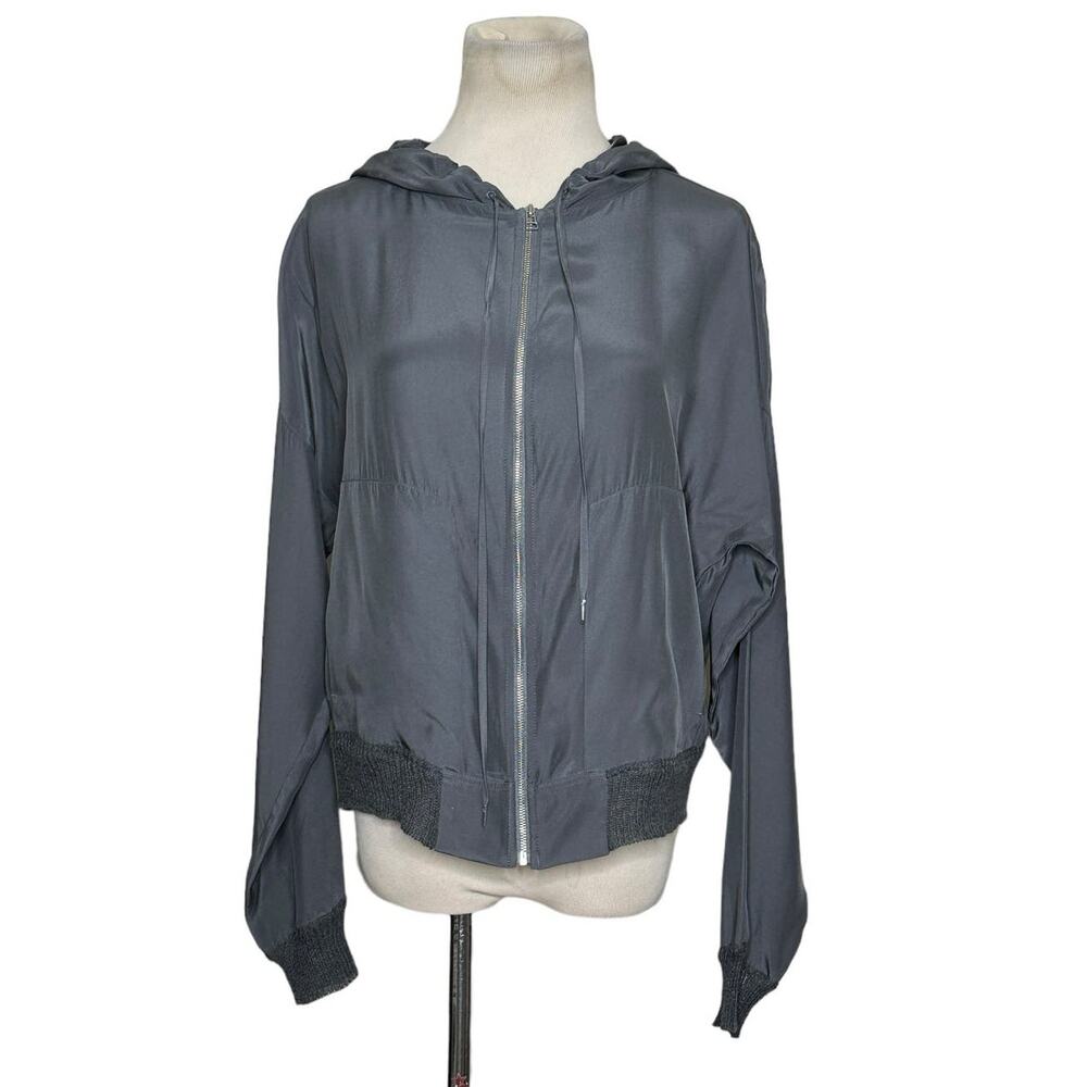 ATM Gray Silk Charmeuse Zip-Front Hoodie with Knit Trim Jacket size Small
